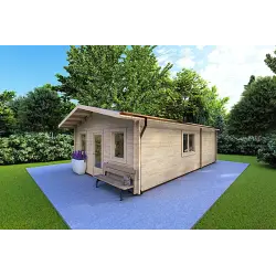 Casa de madera moderna LARA 6x8 44mm, frente lado derecho