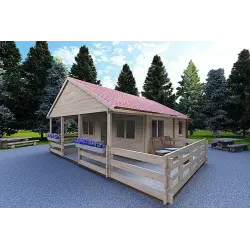 Casa de madera moderna SMERALDA 6x6 con entreplanta transitable 14.35 m² y terraza 17 m² 44mm, frente lado derecho
