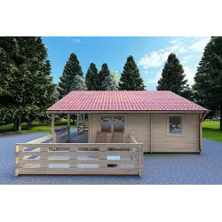 Casa de madera moderna SMERALDA 6x6 con entreplanta transitable 14.35 m² y terraza 17 m² 44mm, lado derecho