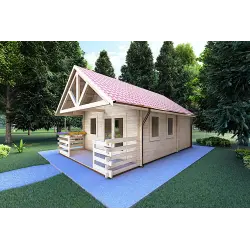 Casa de madera con porche y altillo GAIA 33.30 m² 44/100/44 mm, frente lado derecho