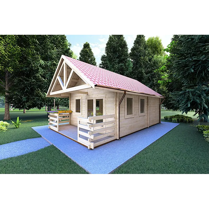 Casa de madera con porche y altillo GAIA 33.30 m² 44/100/44 mm, frente lado derecho
