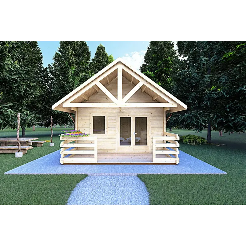Casa de madera con porche y altillo GAIA 33.30 m² 44/100/44 mm, vista frontal