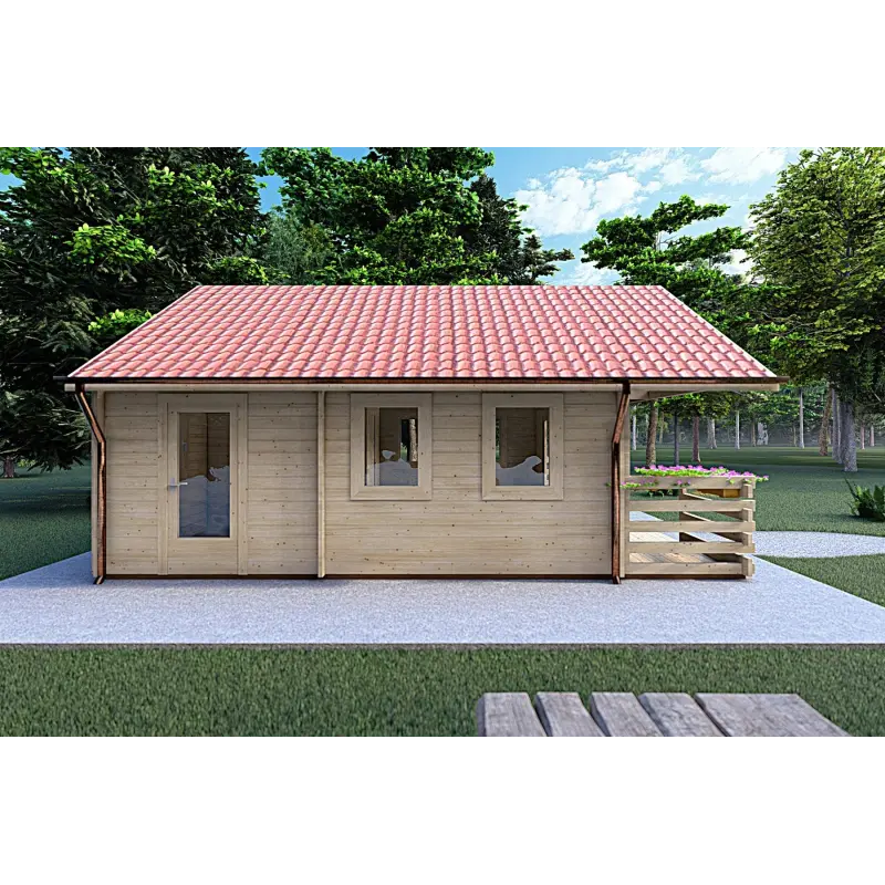 Casa de madera con porche y altillo GAIA 33.30 m² 44/100/44 mm, lado izquierdo