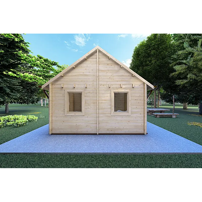 Casa de madera con porche y altillo GAIA 33.30 m² 44/100/44 mm, parte trasera