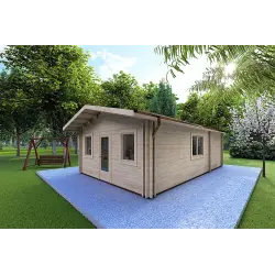 Casa de madera LARA 6x8 44/100/44 mm, frente lado derecho