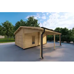 Garaje de madera SINGULAR con pérgola 3x6 44mm, frente lado derecho