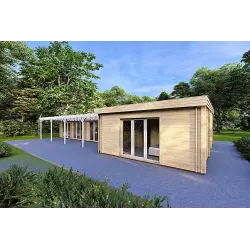 Casa prefabricada con porche CELESTE 143 m² 44/140/44 mm, frente lado derecho