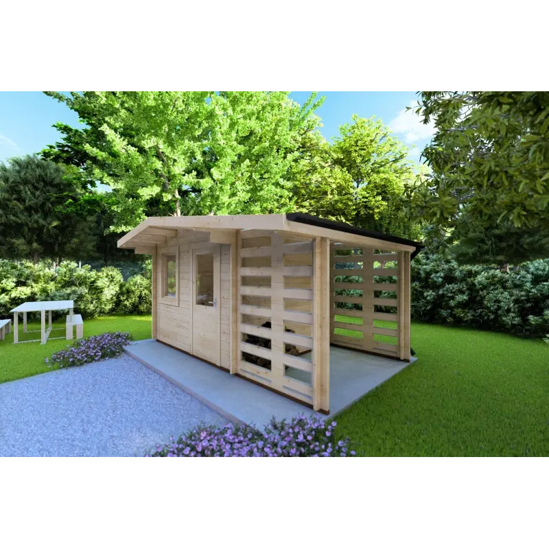 Caseta de jardín AURORA 3x2.5 con leñero 44mm, frente lado derecho