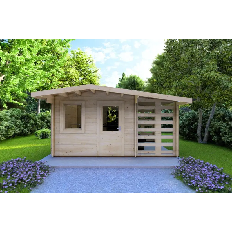 Caseta de jardín AURORA 3x2.5 con leñero 44mm, vista frontal