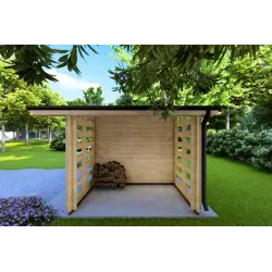 Caseta de jardín AURORA 3x2.5 con leñero 44mm, lado derecho