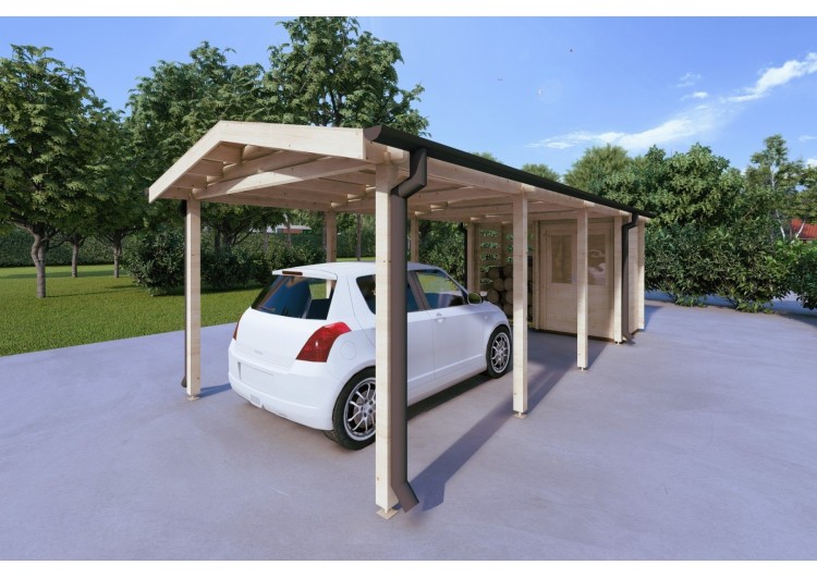 Pérgola para coche con trastero y leñero 24.69 m² 44mm, frente lado derecho