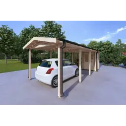 Pérgola para coche con trastero y leñero 24.69 m² 44mm, frente lado derecho
