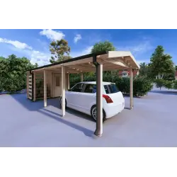 Pérgola para coche con trastero y leñero 24.69 m² 44mm, frente lado izquierdo
