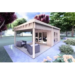 Casita de madera ERICA 7x4 44mm, frente lado izquierdo
