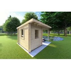 Casa de madera para jardín AMARISSA con cobertizo 3x4 44mm, frente lado izquierdo