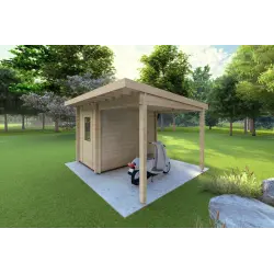 Casa de madera para jardín AMARISSA con cobertizo 3x4 44mm, frente lado derecho