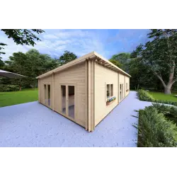 Casa de madera aislada LILLY 11.70x6.60 44/100/44 mm, frente lado izquierdo