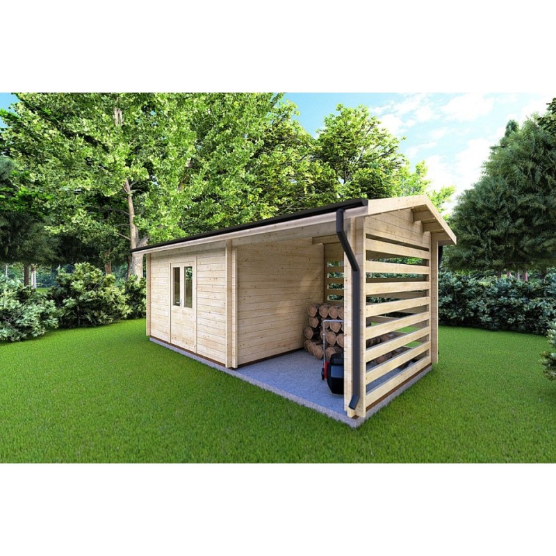 Caseta de jardín con leñera FRIDA 6.4x3 44mm, frente lado derecho