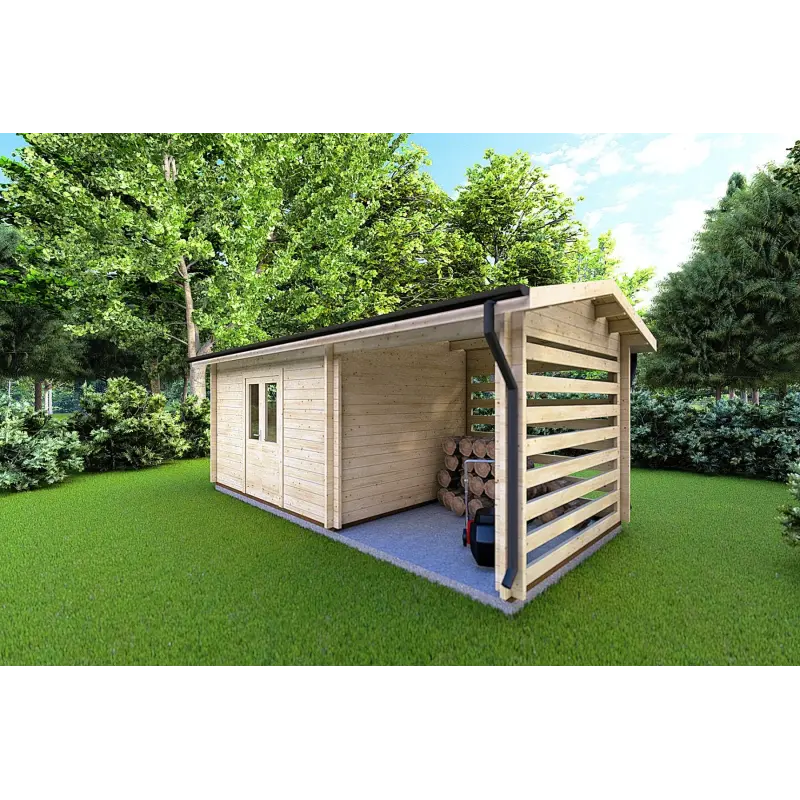 Caseta de jardín con leñera FRIDA 6.4x3 44mm, frente lado derecho