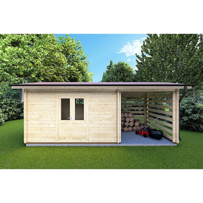 Caseta de jardín con leñera FRIDA 6.4x3 44mm, vista frontal