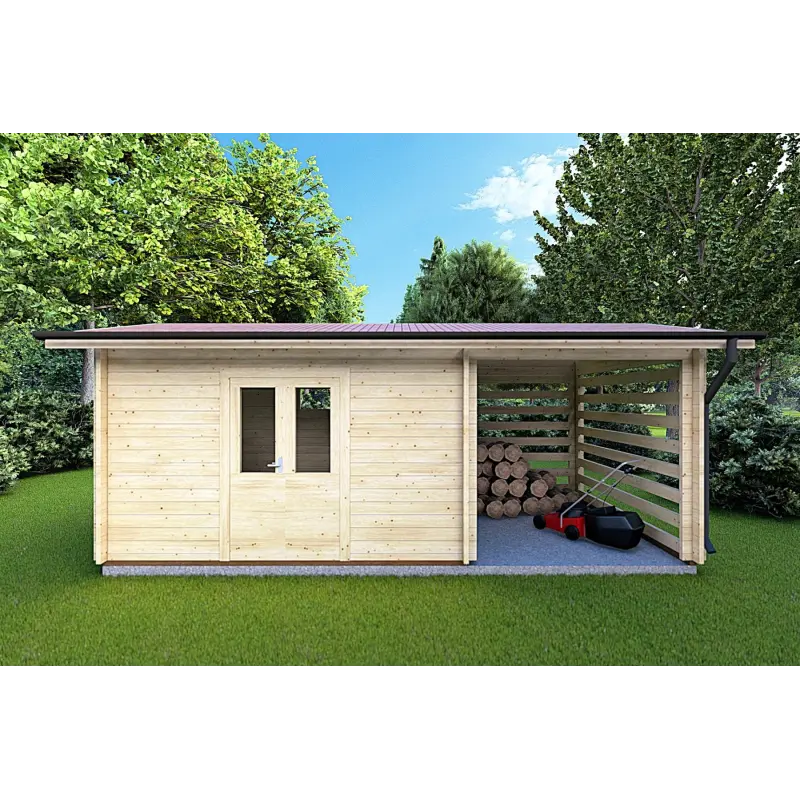 Caseta de jardín con leñera FRIDA 6.4x3 44mm, vista frontal