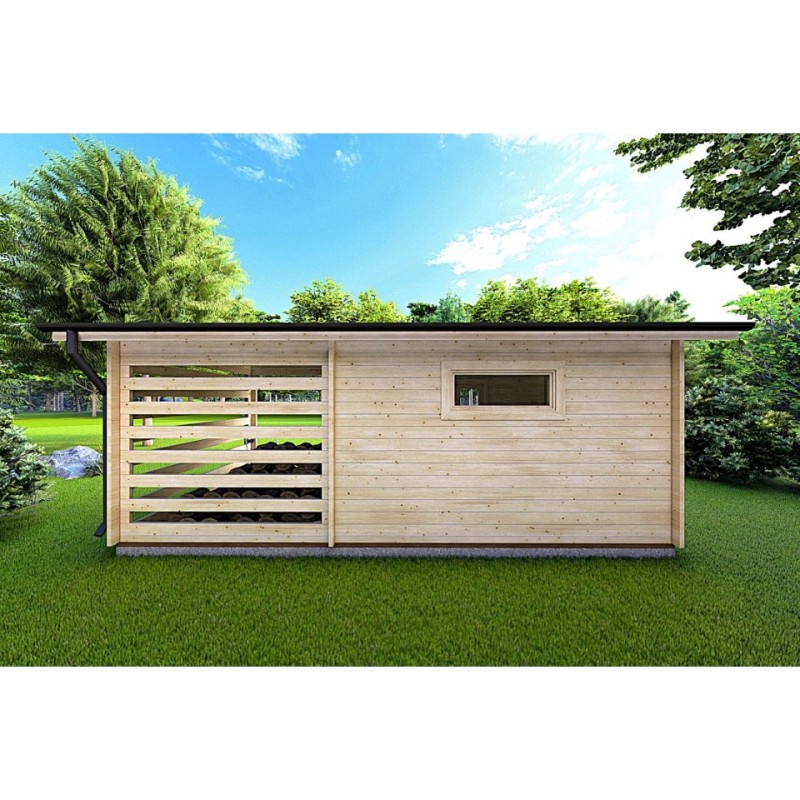 Caseta de jardín con leñera FRIDA 6.4x3 44mm, parte trasera
