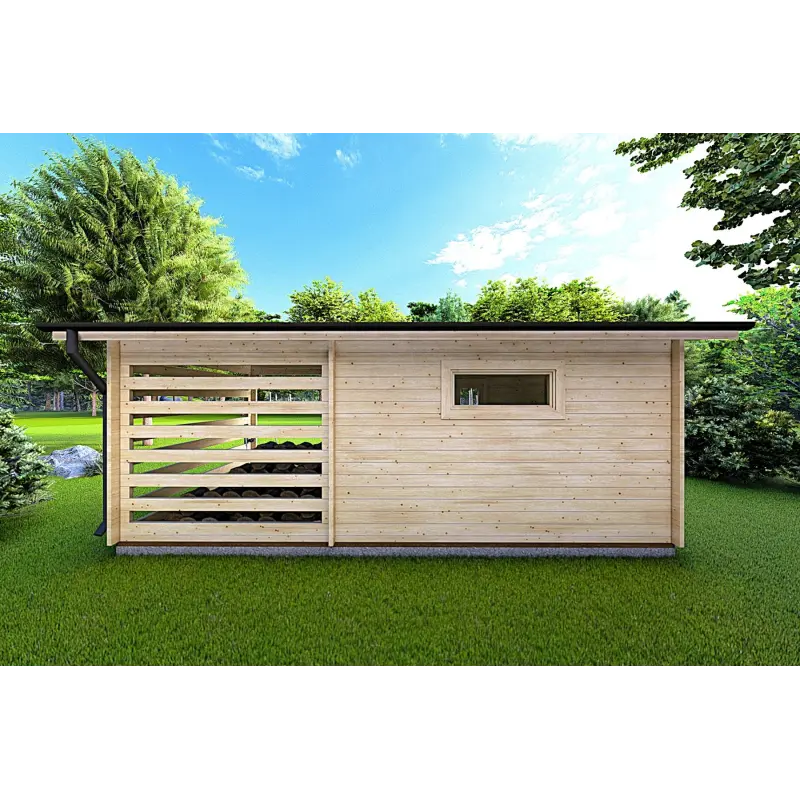 Caseta de jardín con leñera FRIDA 6.4x3 44mm, parte trasera