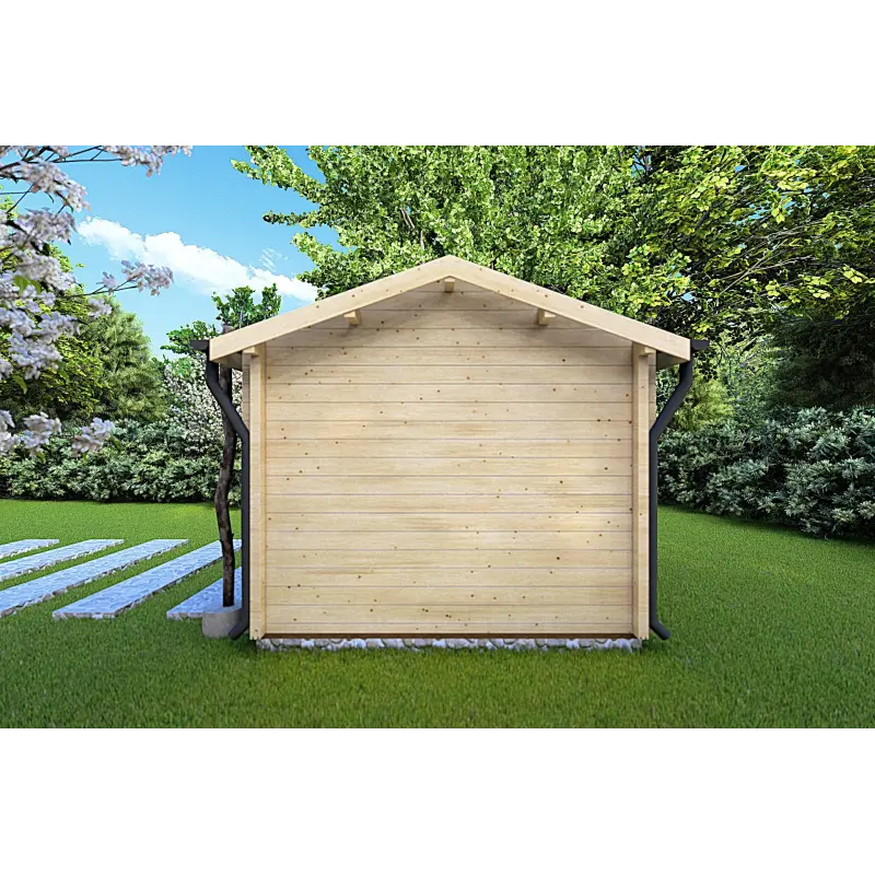 Vista lateral de la pérgola de madera STELLA 4x3 con paredes parciales y techo recto sombreado.