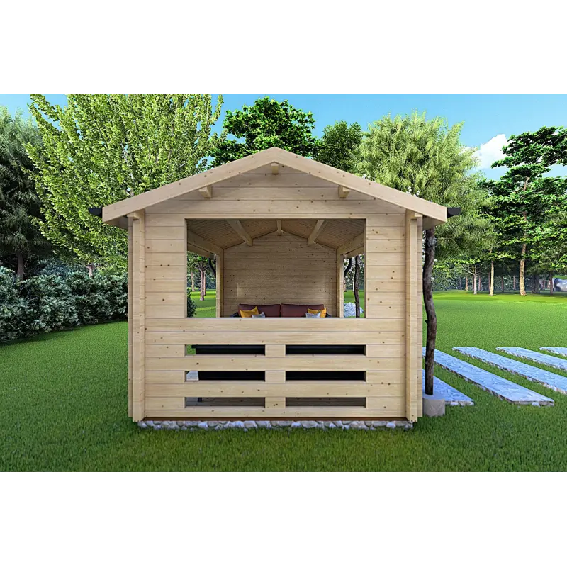 Vista del lado izquierdo de la pérgola de madera STELLA 4x3 con mobiliario exterior que crea un ambiente acogedor.