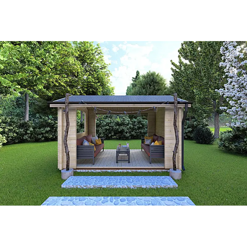 Vista frontal de la pérgola de madera STELLA 4x3 con estructura abierta y zona de descanso amueblada.