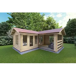 Casita de madera con porche con 2 habitaciones SUSANNA 44mm, frente lado derecho