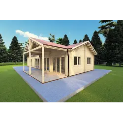 Casa de madera aislada en una planta AGNESE 14.7x6.2 con porche 44/100/44 mm, frente lado derecho