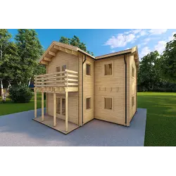 Casa aislada de madera GILDA 98 m² 44/100/44 mm, frente lado derecho