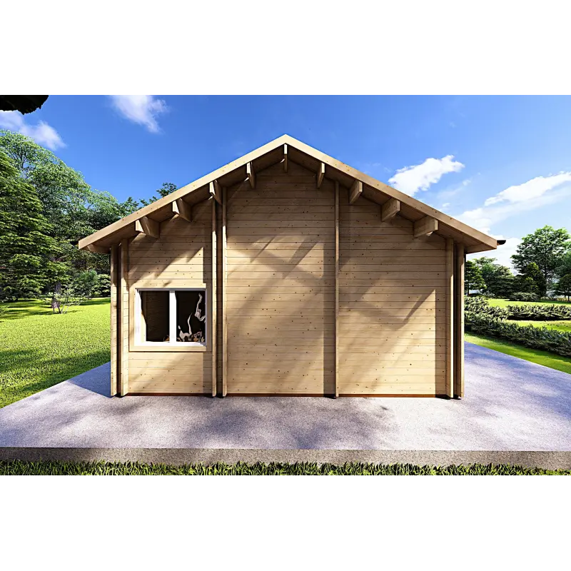 Vista del lado izquierdo de la casa habitable en madera AGNESE con estructura extendida y ventanales orientados al exterior.