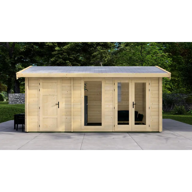 Cobertizo de madera SARA 3x5, 44mm, vista frontal