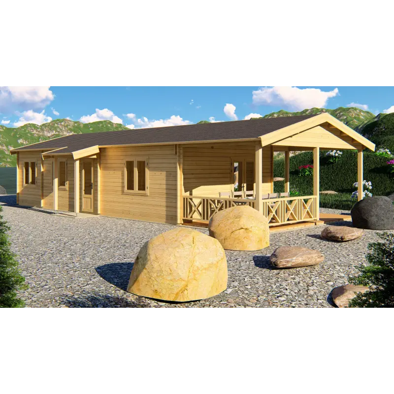 Casa de madera moderna AMANDA 6x14, 68mm, frente lado izquierdo