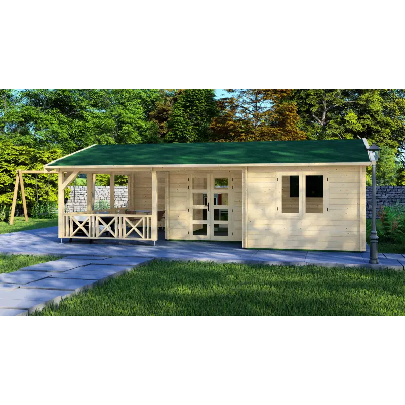 Casa de madera moderna WANDA 8.5x6, 44mm, frente lado derecho