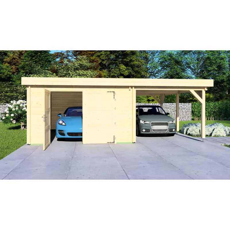 Garaje de madera con cobertizo 7x6, 44mm, vista frontal