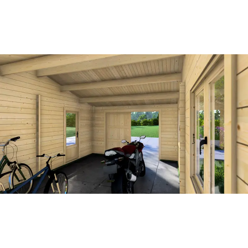 Garaje de madera con pérgola doble 9.5x6, 44mm, interior