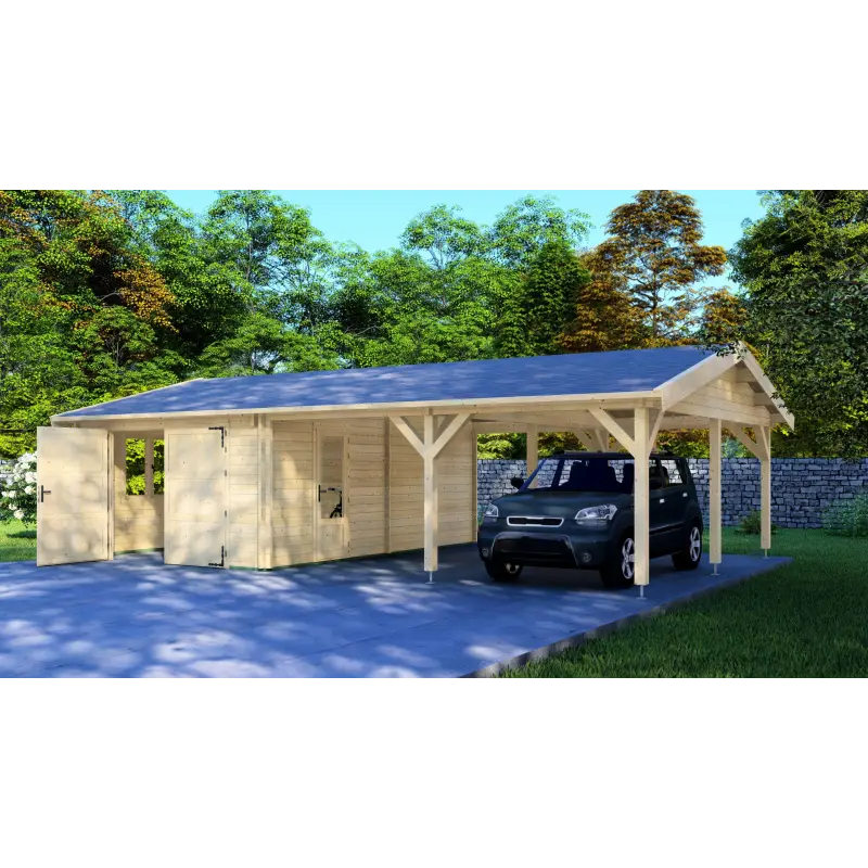 Garaje de madera con pérgola doble 9.5x6, 44mm, frente lado derecho