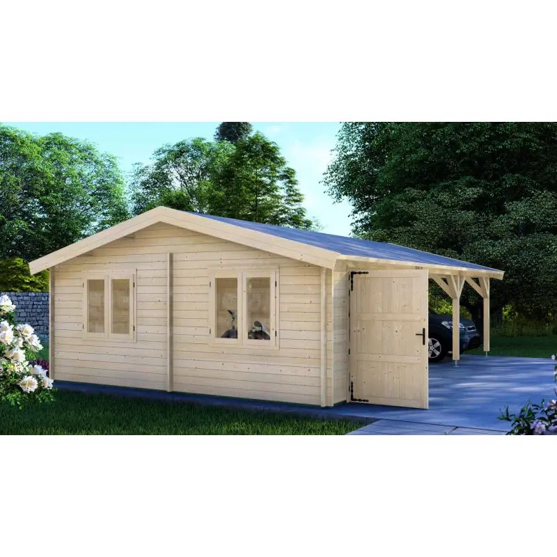 Garaje de madera con pérgola doble 9.5x6, 44mm, lado izquierdo