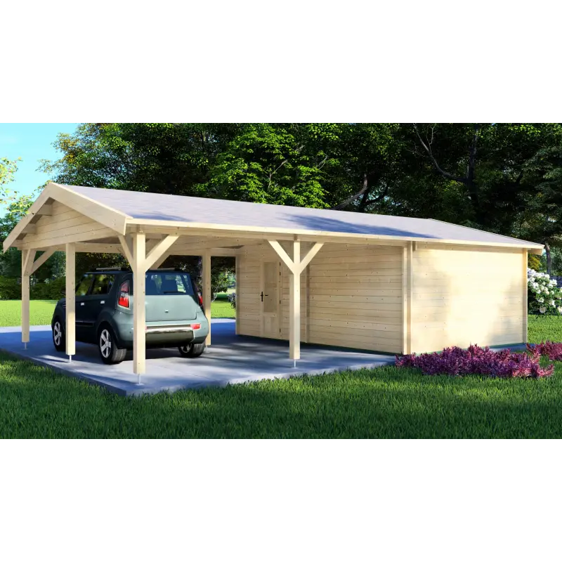 Garaje de madera con pérgola doble 9.5x6, 44mm, parte trasera