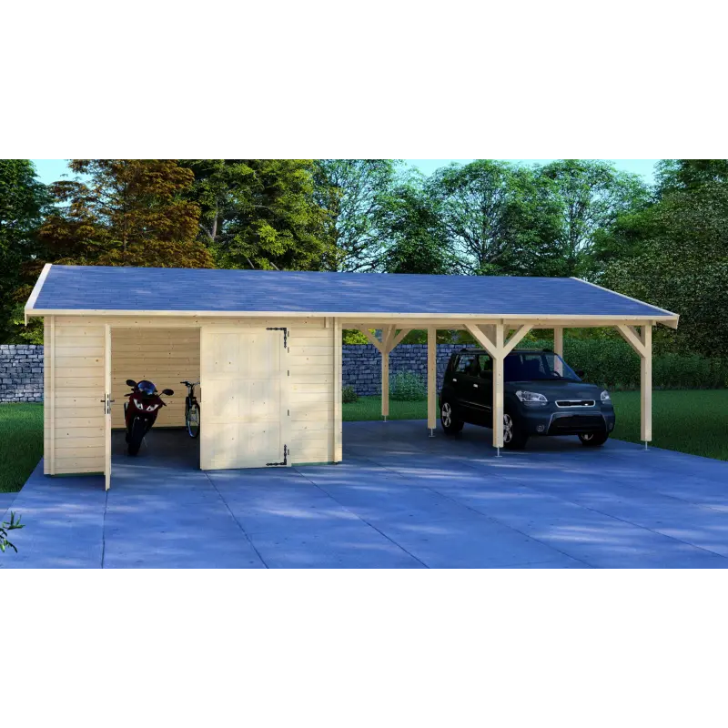 Garaje de madera con pérgola doble 9.5x6, 44mm, vista frontal