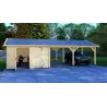 Garaje de madera con pérgola doble 9.5x6, 44mm, vista frontal