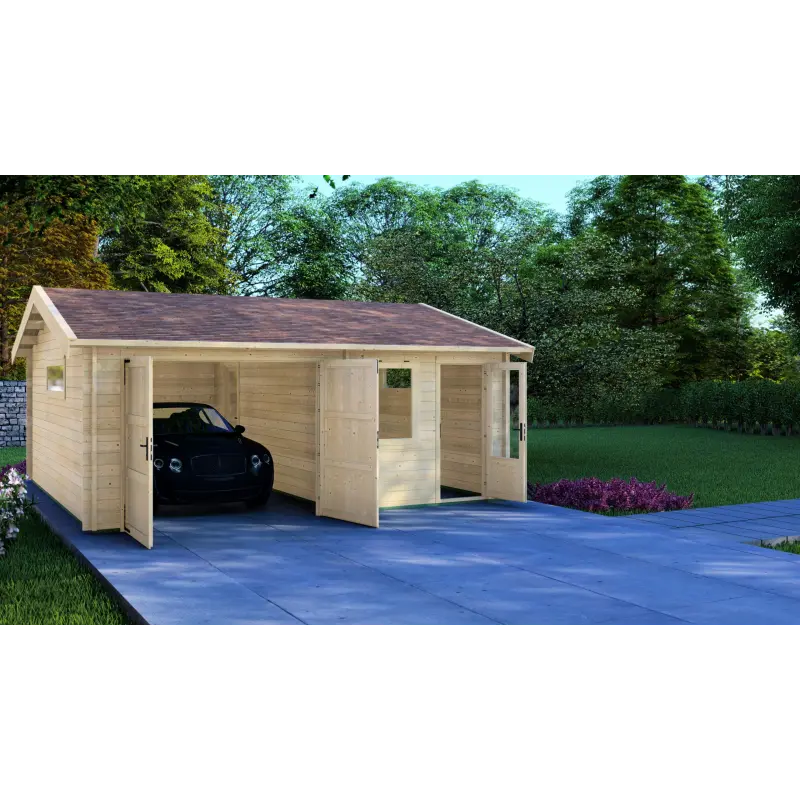 Garaje de madera con trastero 6x6, 44mm, vista frontal