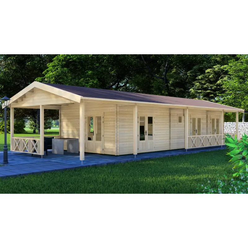 Casa de madera aislada SHANA 6x14, 44/100/44mm, frente lato derecho