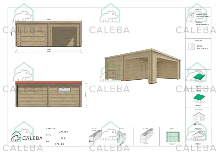 Garaje de madera con cochera a un agua 38 m², lados A/B