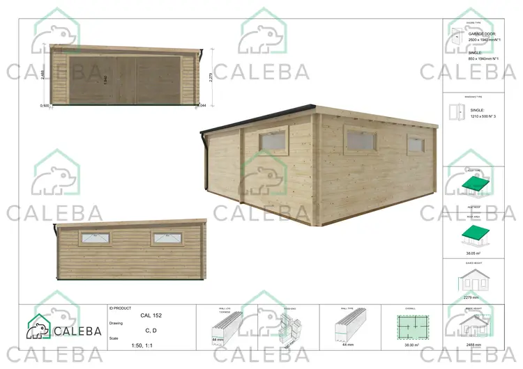 Garaje de madera con cochera a un agua 38 m², lados C/D