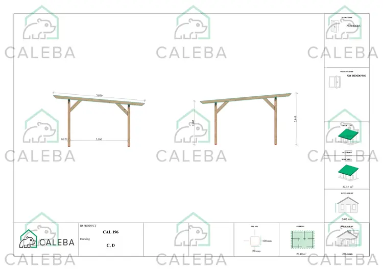 Pérgola para coche 20.40 m², lados C/D