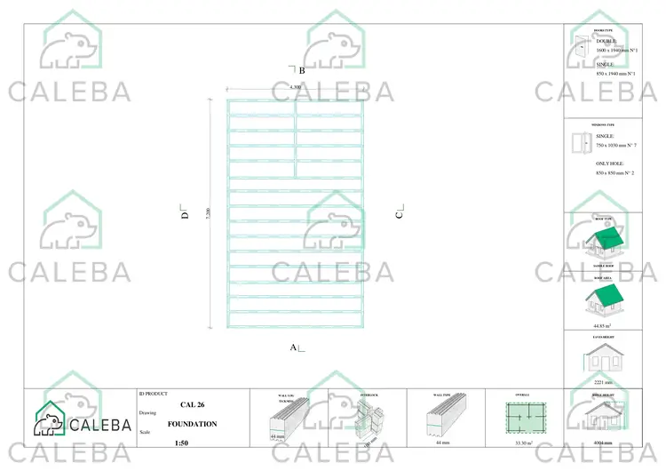 Casa de madera con porche y altillo GAIA 33.30 m², plano de cimentación